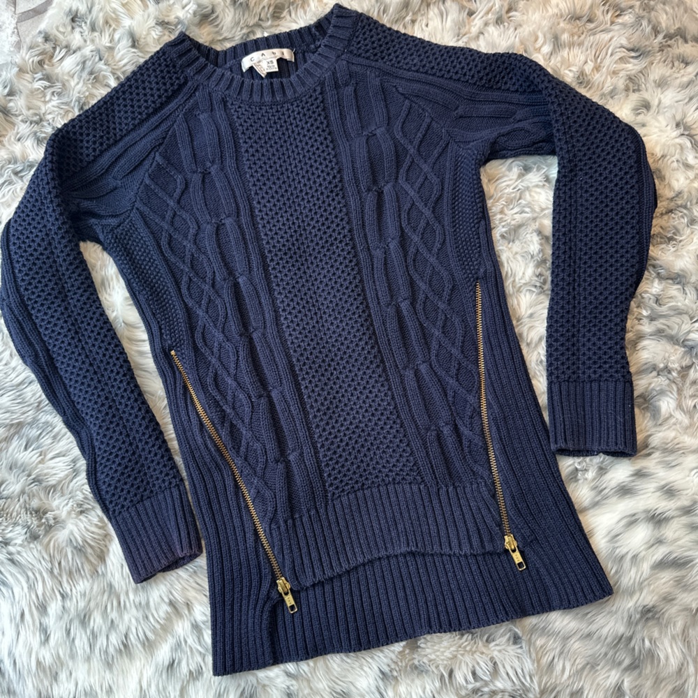 Navy Sweater Cotton Cable Knit Raglan Sleeve XS S High Low Casual Classic Preppy